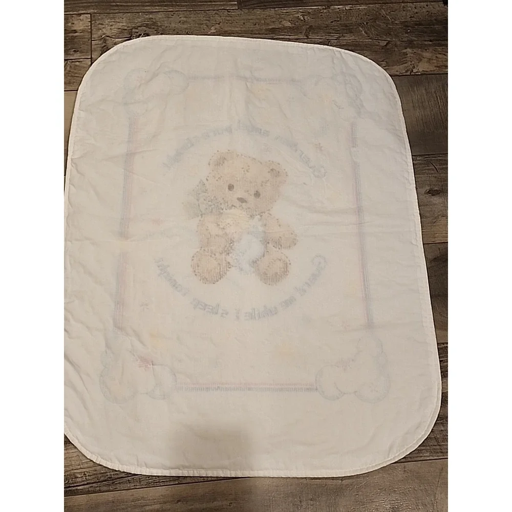 Handmade Cross Stitch Baby Blanket Bear & Guarding Angel Pastel Color  40"L X 29 - Picture 5 of 5